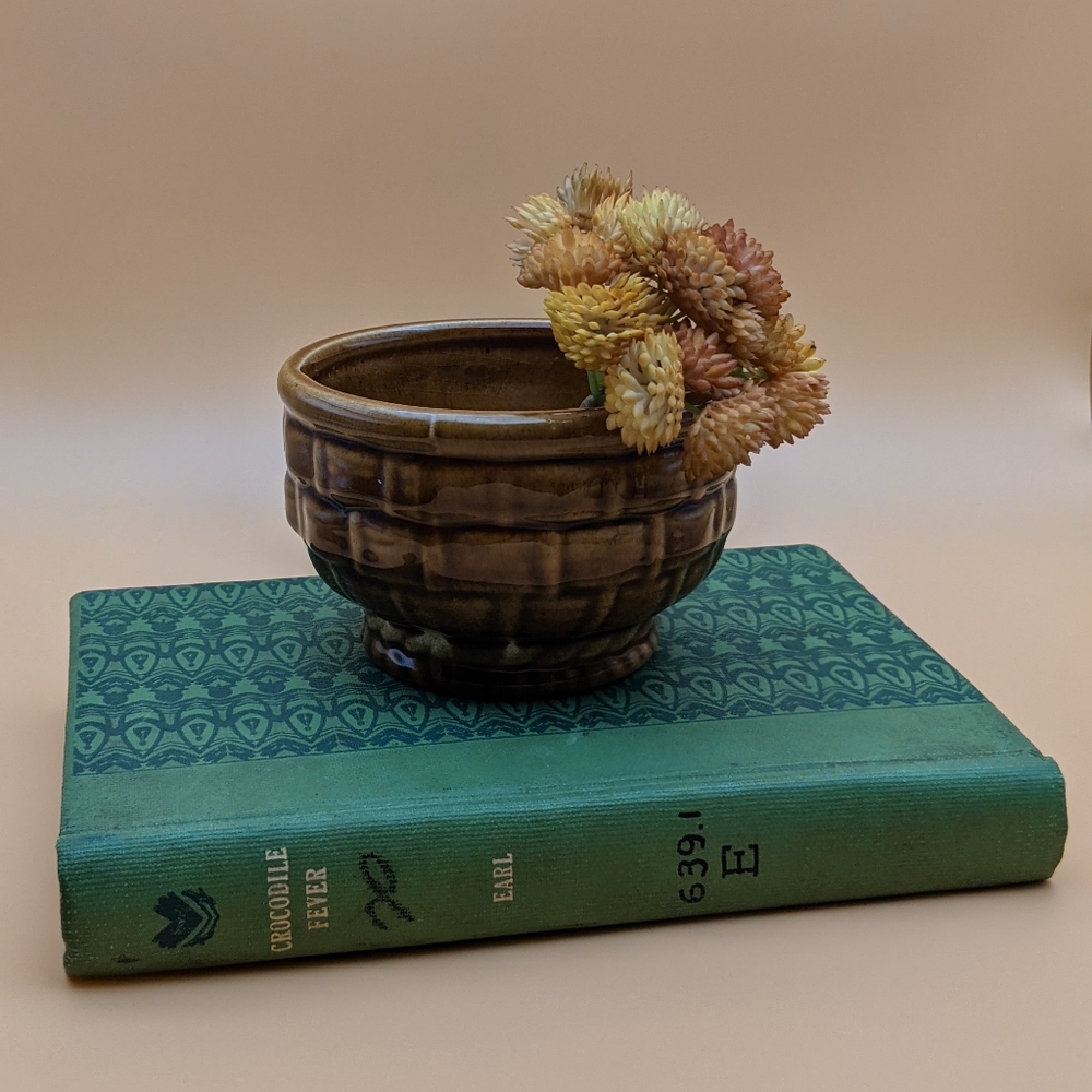 VTG MCM Haeger USA Basketweave Brown 4" Round Planter Pot #240